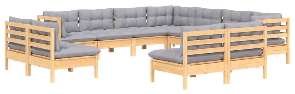 Set mobilier gradina cu perne, 11 piese, gri, lemn masiv pin Maro  si gri, 1