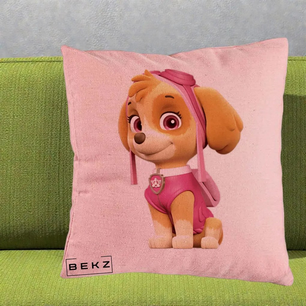 Perna Personalizata Skye PAW Patrol Roz, 40x40 cm, Roz, Husa Detasabila, Perna Inclusa, BEKZ®