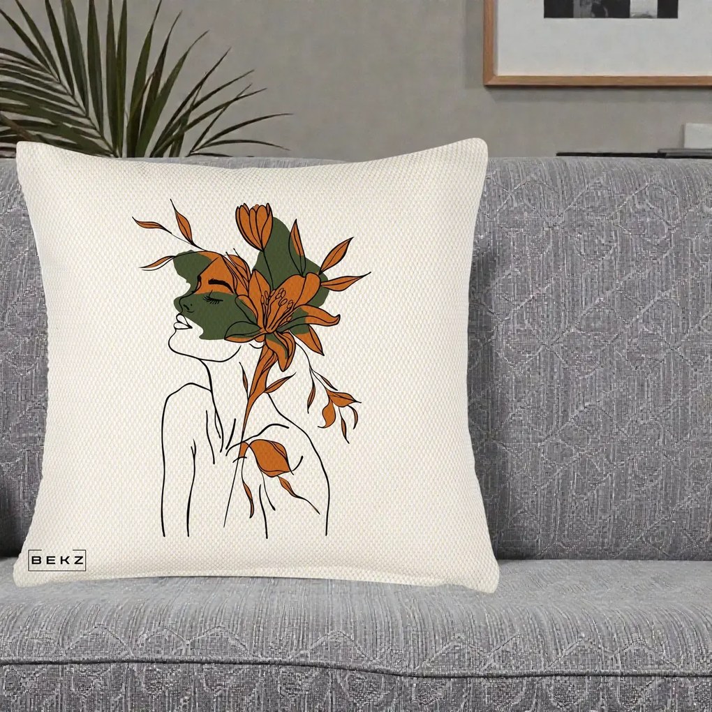 Perna Decorativa Portret Feminin Crin Auriu, 40x40 cm, Crem Reliefat, Husa Detasabila, Perna Inclusa, BEKZ®
