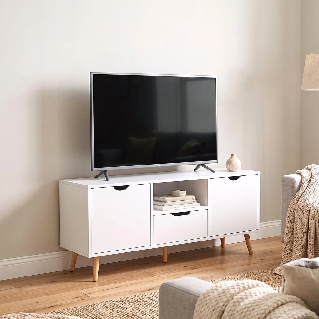 HOMCOM Mobilier TV de 50" cu Sertar, Raft Deschis și 2 Dulapuri, Mobilier TV cu 5 Picioare din Lemn, 110x40x50 cm, Alb | Aosom Romania