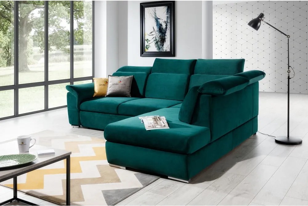 Colțar verde extensibil/cu spațiu de depozitare cu tapițerie din catifea (cu colț pe partea dreaptă/în formă de ”L”) Loreto – ELTAP