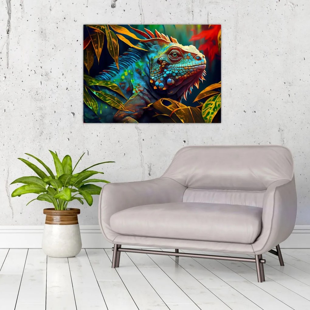 Tablou pe sticlă - Iguana colorată (70x50 cm)