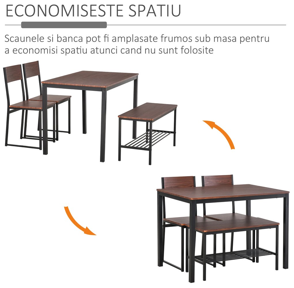 HOMCOM Set Mobilier de Bucătărie cu Masă, Bancă și Scaune, Design Modern, Masa Maro, Confortabil și Spațios, Ideal pentru Familie | Aosom Romania