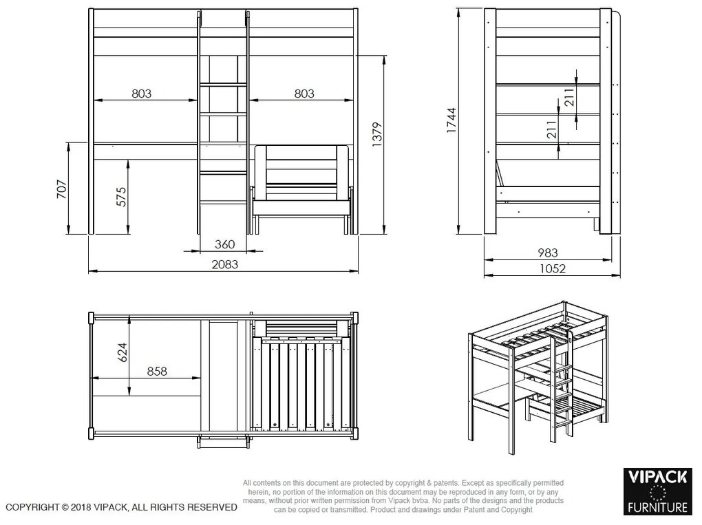 PINO Pat copii LOFT CU CANAPEA EXTENSIBILĂ 90 X 200 CM ALB