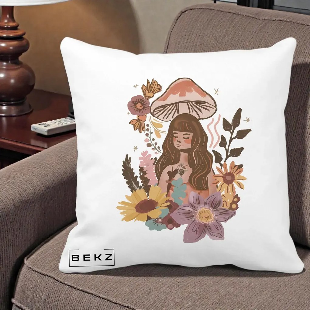Perna Decorativa Fata Ciuperca Boho Florala, 40x40 cm, Alba Mata, Husa Detasabila, Perna Inclusa, BEKZ®
