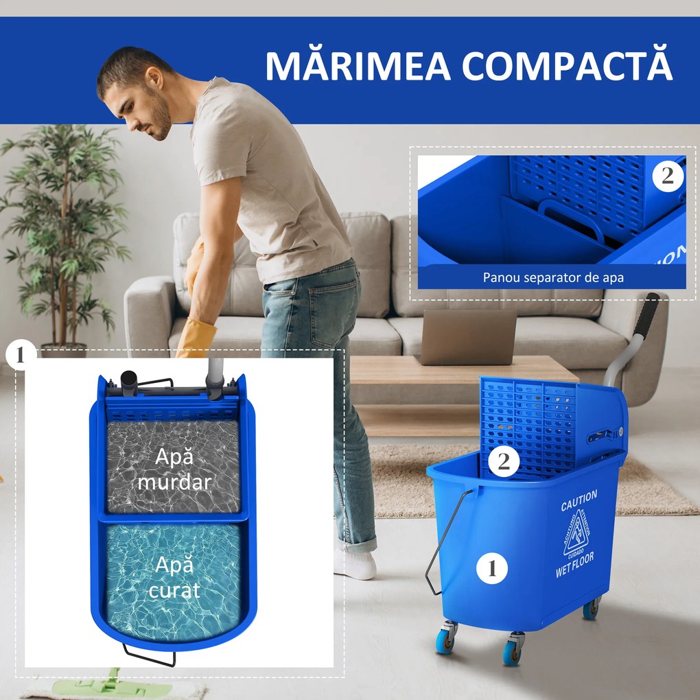 HOMCOM Cărucior Profesional pentru Curățenie cu Găleată pentru Mop de 20L, 60x27x70,5 cm, Albastru | Aosom Romania