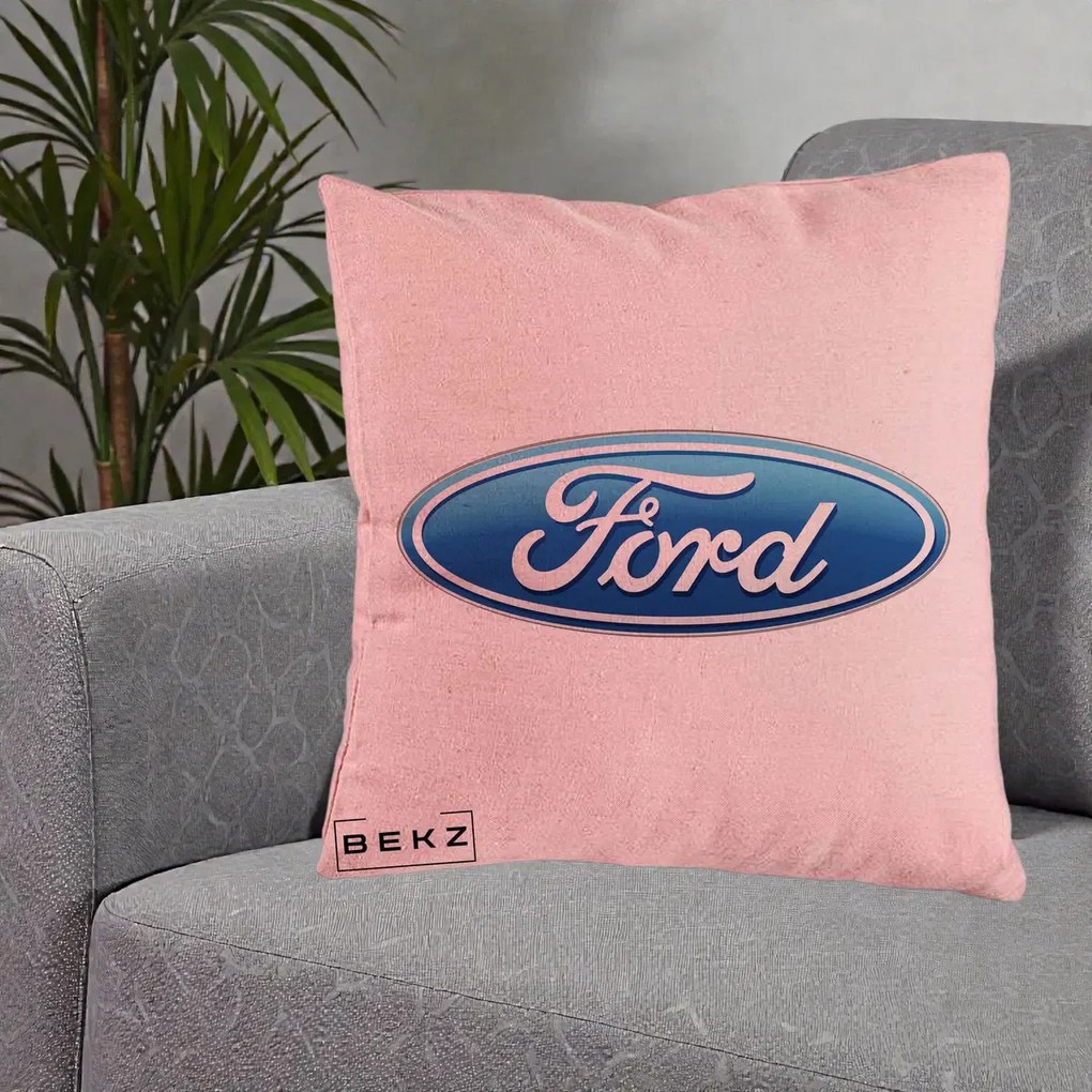 Perna Personalizata cu emblema Ford, 40x40 cm, Roz, Husa Detasabila, Perna Inclusa, BEKZ®