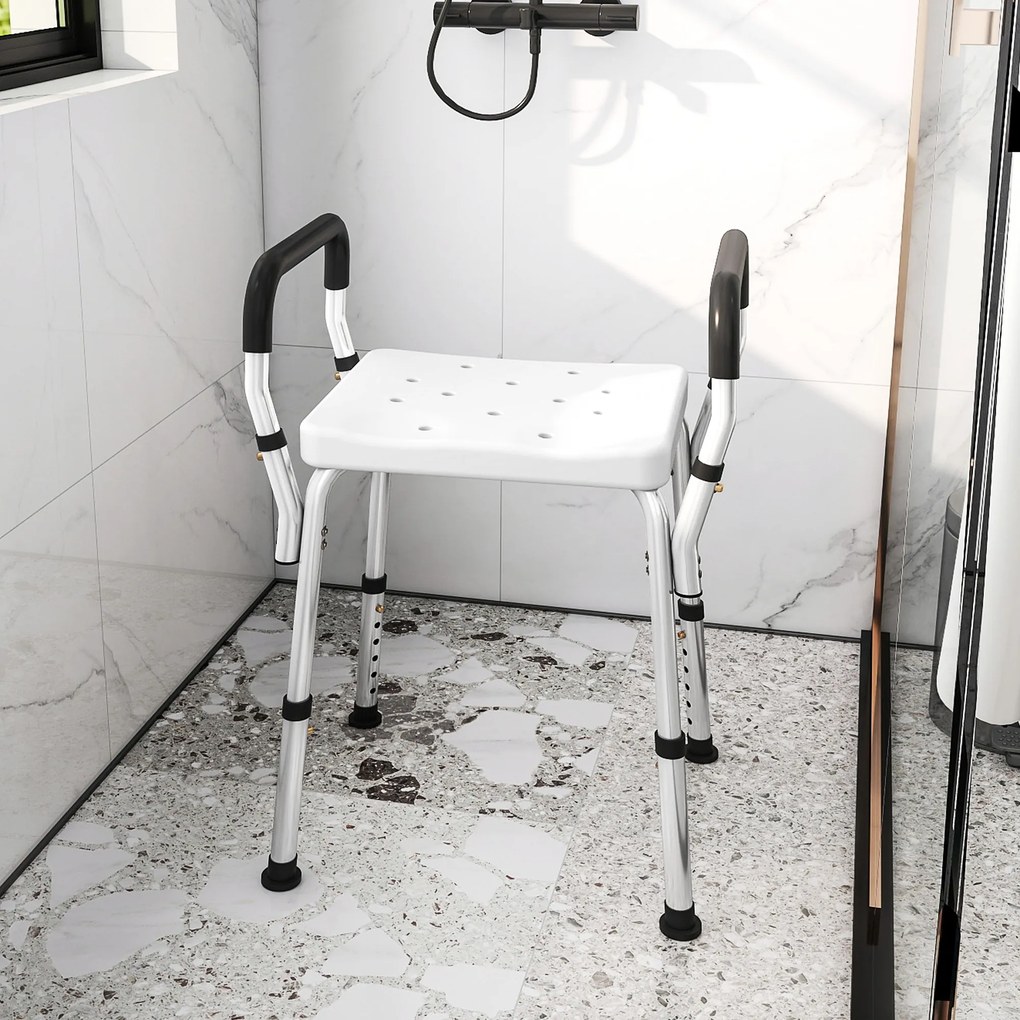 HOMCOM Scaun de Duș din Aluminiu, Reglabil pe Înălțime, cu Cotiere și Picioare Antiderapante, Alb | Aosom Romania