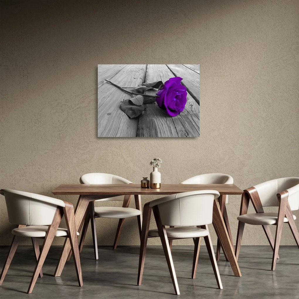 Tablou pe sticlă - Trandafir violet cu tulpina verde (70x50 cm)