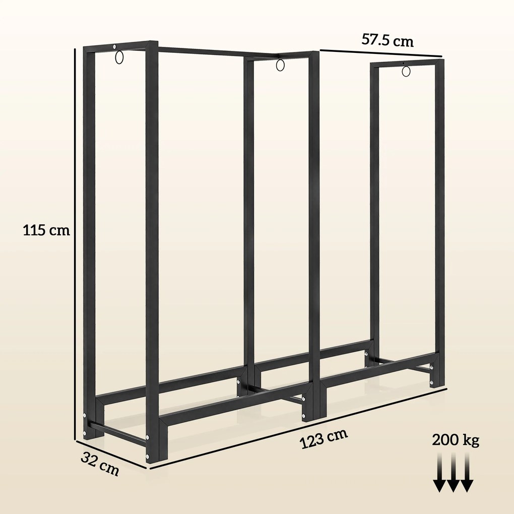 Outsunny Suport pentru Lemne de Exterior cu 2 Secțiuni, 6 Picioare și 3 Inele, 123x32x115 cm, Negru | Aosom Romania