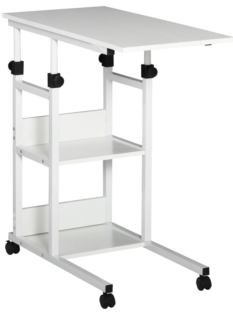 HOMCOM Masa auxiliară Masa rulantă Masa de pat pentru Laptop Înălțime reglabilă - 2 rafturi integrate - cadru metalic Alb | Aosom Romania