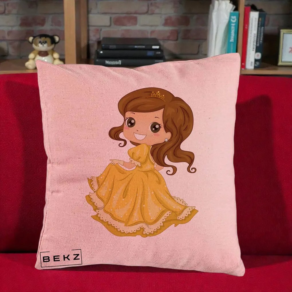 Perna Decorativa Printesa Bella Rochie Aurie, 40x40 cm, Roz, Husa Detasabila, Perna Inclusa, BEKZ®