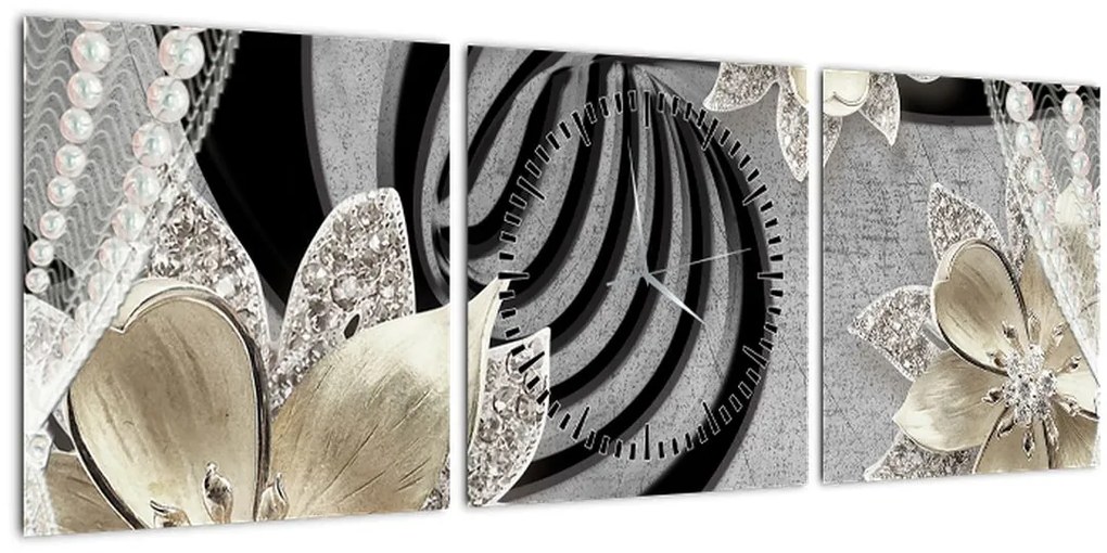 Tablou - 3D Flori aurii (cu ceas) (90x30 cm)