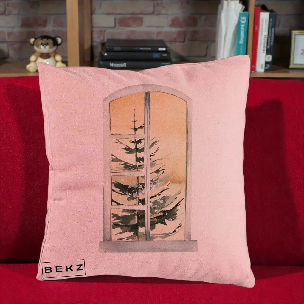 Perna Decorativa Fereastra cu Brad de Iarna, 40x40 cm, Roz, Husa Detasabila, Perna Inclusa, BEKZ®
