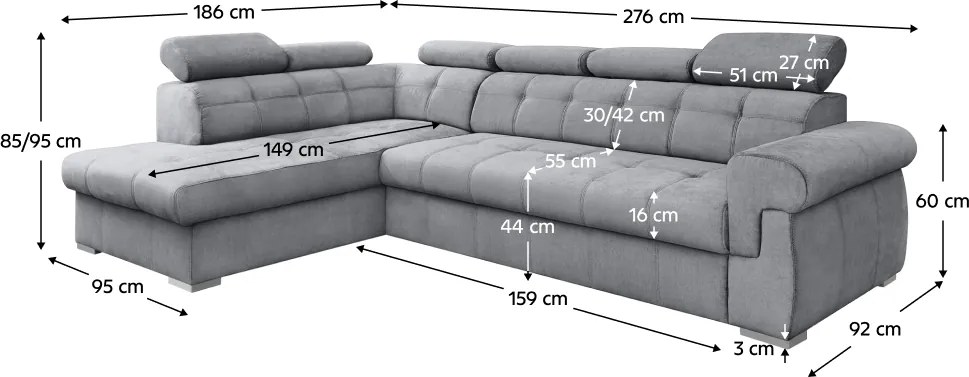 Colţar extensibil, gri/argintiu, stânga, PRIMUS ROH NEW