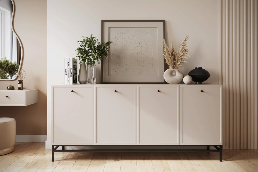 Comodă cu patru uși Lorini 200 cm - cașmir / mânere negre / cadru metalic