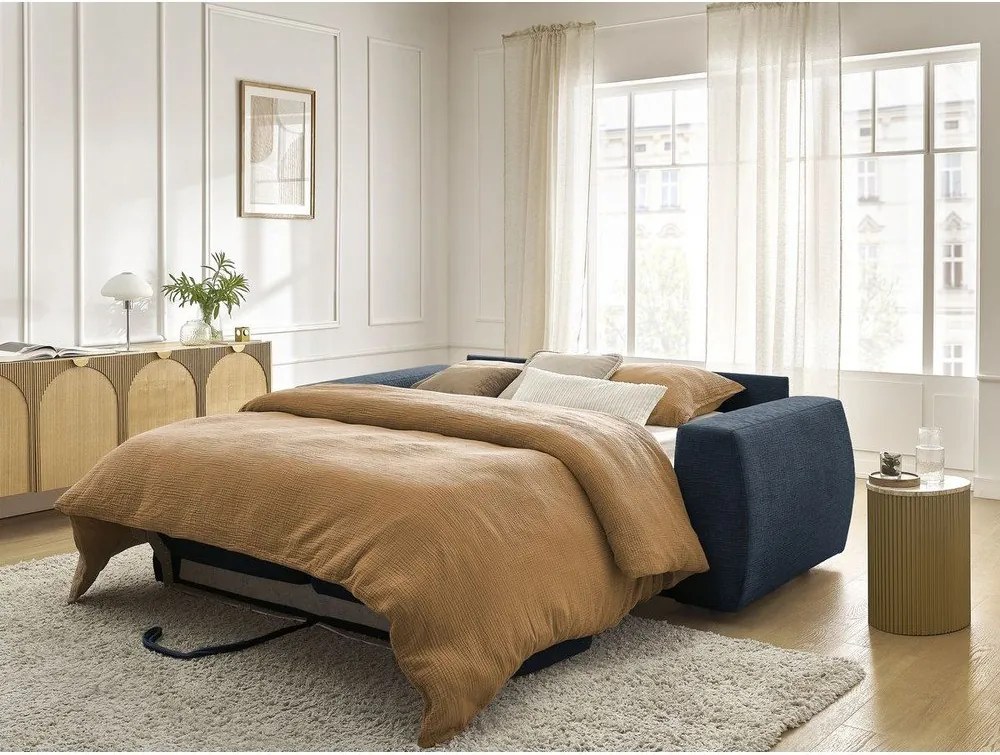 Canapea albastru-închis pentru dormitul zilnic/extensibilă cu tapițerie din chenille 240 cm Hugo – Bobochic Paris