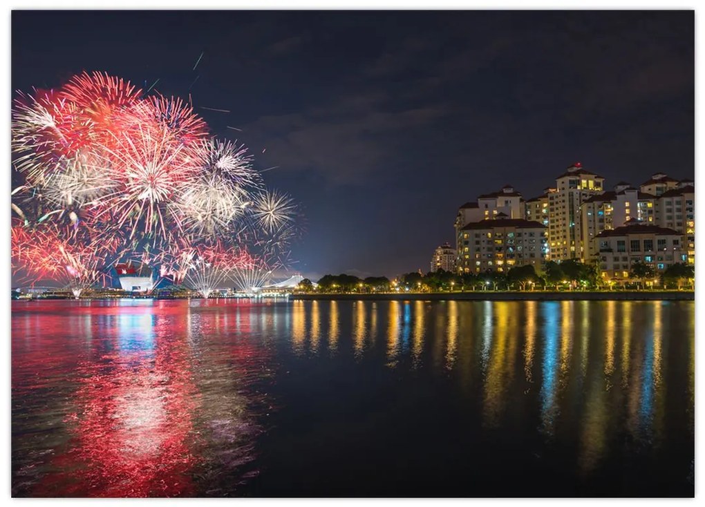 Tablou pe sticlă cu artificii in Singapur (70x50 cm)
