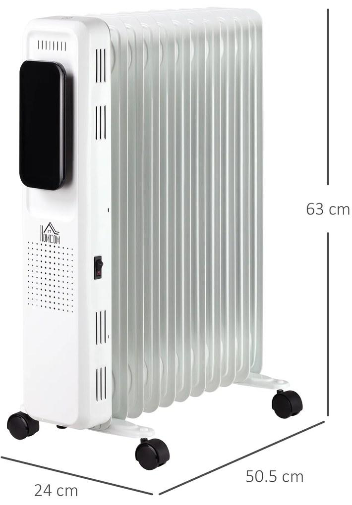 Radiator cu Ulei 11 Elementi, 3 Nivele de Incalzire, Timer si Temperatura Reglabila, 50.5x24x63cm, Alb HOMCOM | Aosom RO