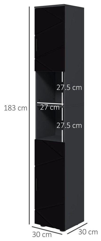 Dulap Baie, Inalt de 183cm cu 2 rafturi deschise si doua dulapuri cu 2 nivele, 30x30x183cm, Negru kleankin | Aosom Romania