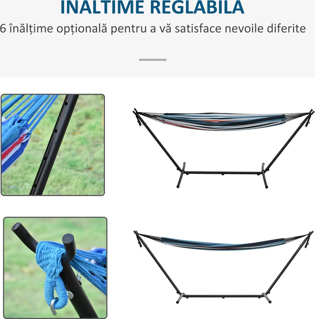 Outsunny Hamac cu Suport 310x117cm pentru Camping cu Înălțime Reglabilă și Geantă de Transport, Capacitate 120 kg, Dungi Albastre și Albe | Aosom Romania