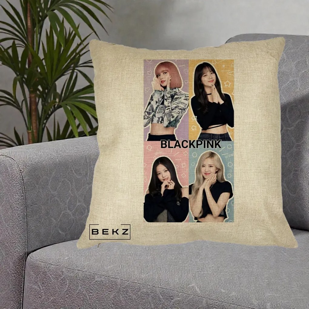 Perna Personalizata K-pop BLACKPINK Negru, 40x40 cm, Crem, Husa Detasabila, Perna Inclusa, BEKZ®