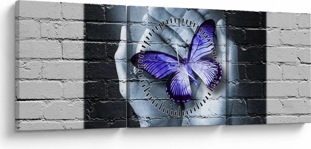 Tablou - Fluture violet pe perete (cu ceas) (90x30 cm)
