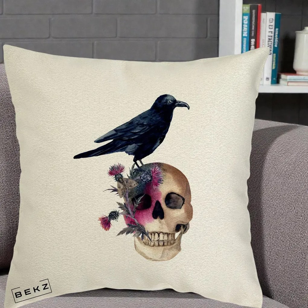 Perna Decorativa Craniu cu Corb si Flori Gothic, 40x40 cm, Ecru, Husa Detasabila, Perna Inclusa, BEKZ®