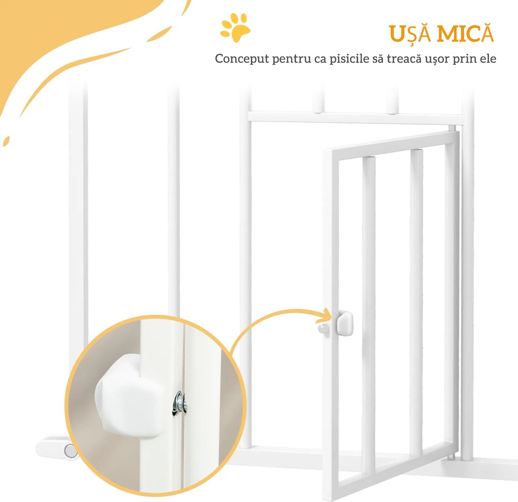 PawHut Poartă Reglabilă pentru Câini Înaltă cu Ușă Mică și Închidere Automată, 74-101x104cm, Alb | Aosom Romania