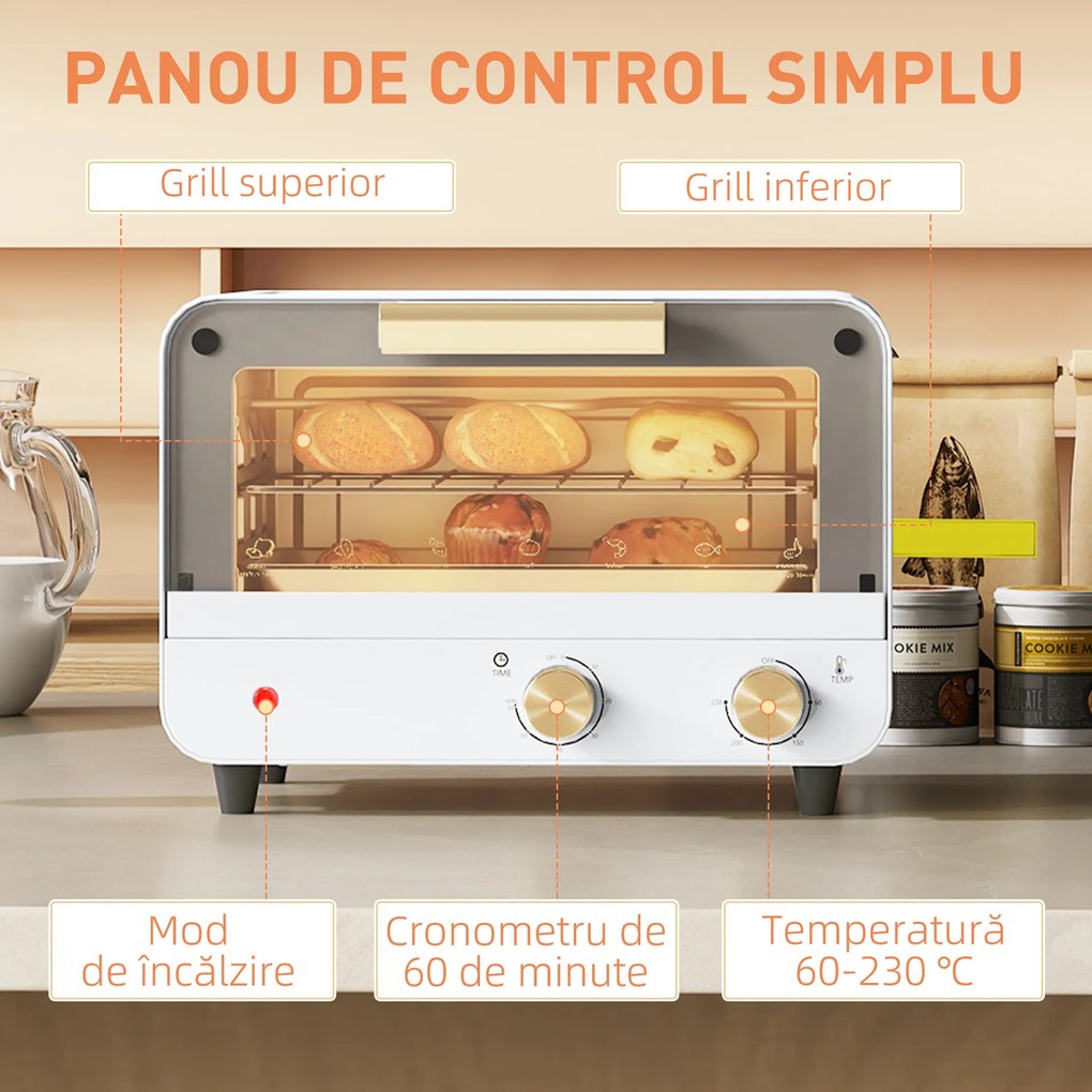HOMCOM Cuptor Electric cu 2 Înălțimi cu Temporizator și Temperatură Reglabilă, 31,5x27,7x22,7 cm, Alb | Aosom Romania