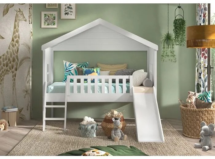 Pat Căsuță Housebed 90x200 cm cu Tobogan, pentru Copii, Alb – Vipack