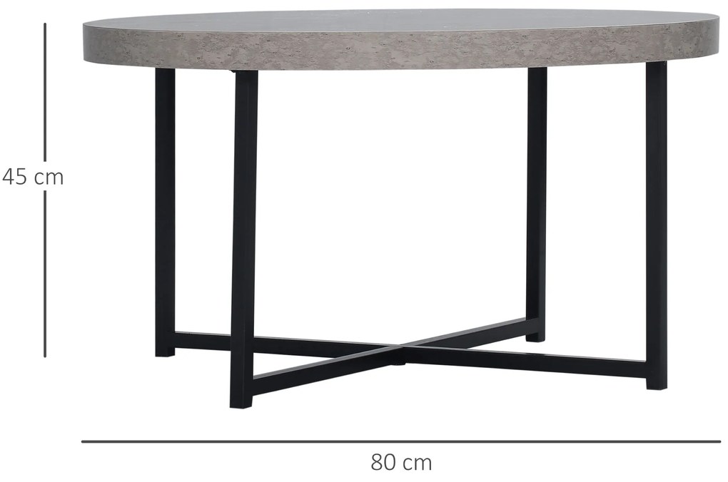 HOMCOM Masă de cafea rotundă cu efect beton ceruit din lemn și metal, Ø 80 x 45 cm, suport încrucișat | Aosom Romania