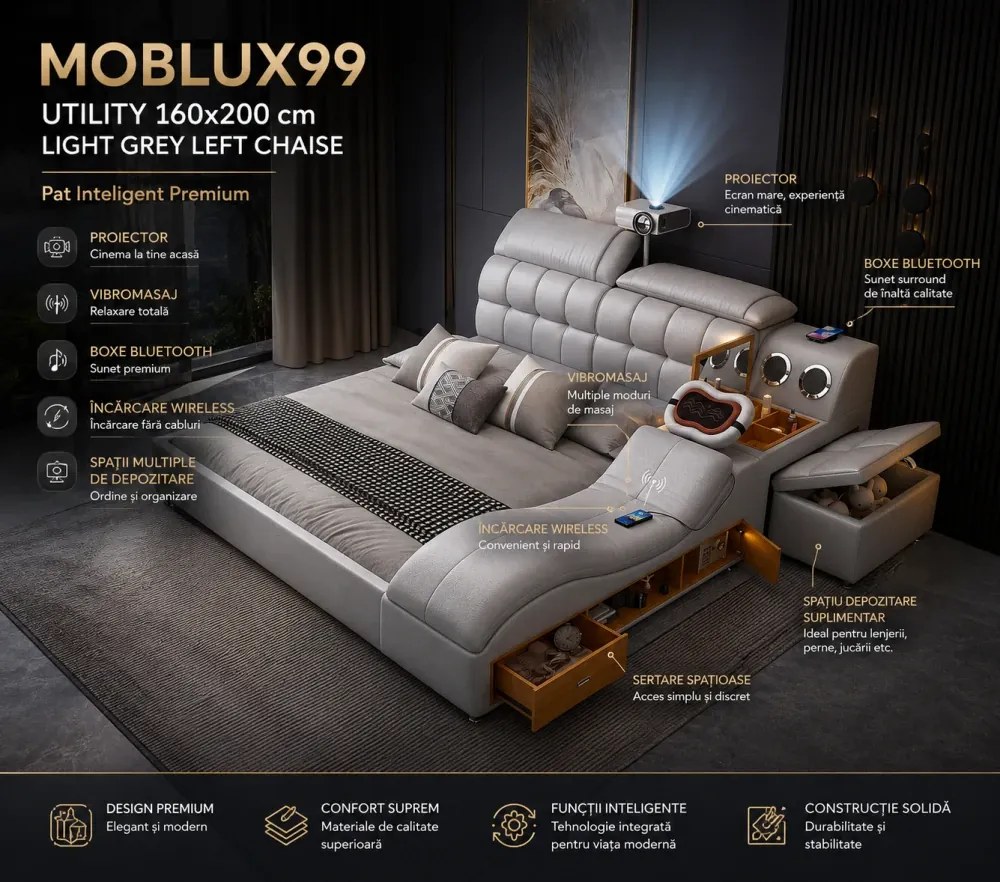 MOBLUX99 Utility 160x200 cm Light Grey Left Chaise – Pat Inteligent Premium cu Proiector, Vibromasaj, Boxe Bluetooth, Încărcare Wireless și Spații Multiple de Depozitare