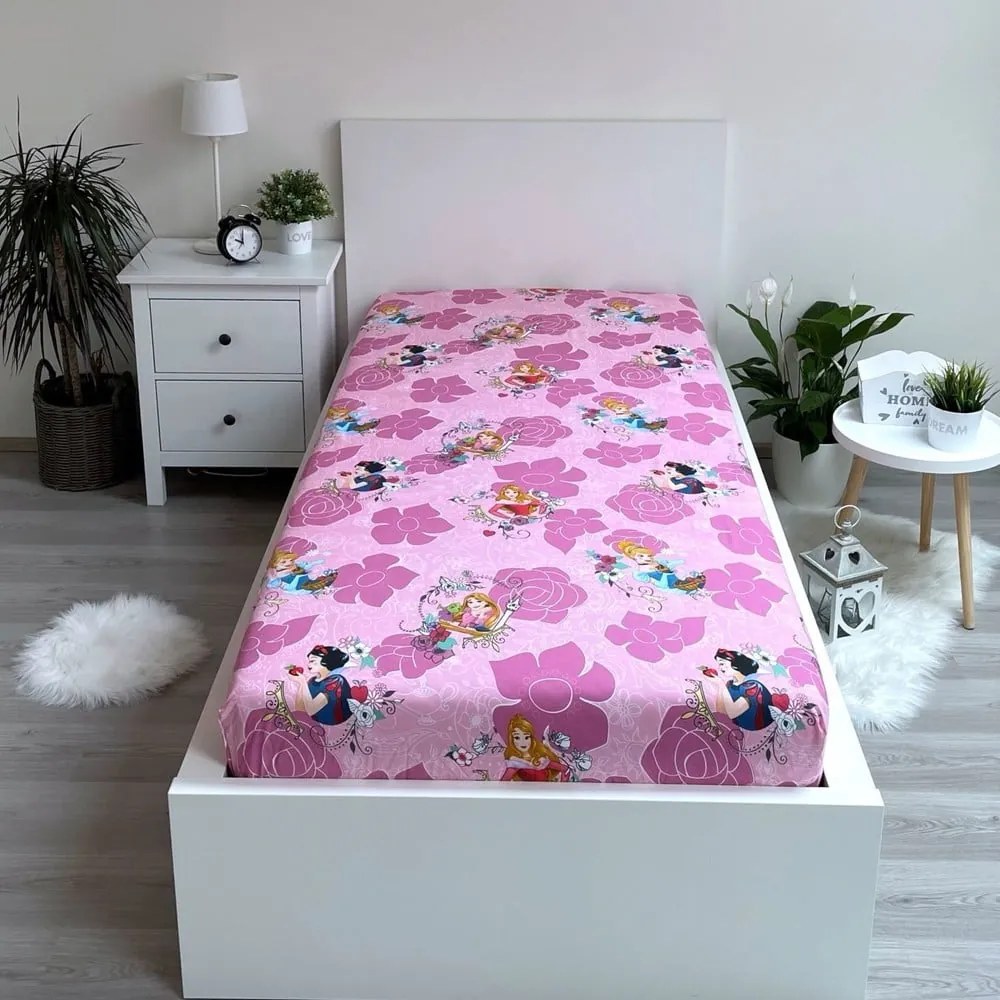 Cearceaf pentru copii roz din bumbac cu elastic 90x200 cm The Pincesses "Pink" – Jerry Fabrics
