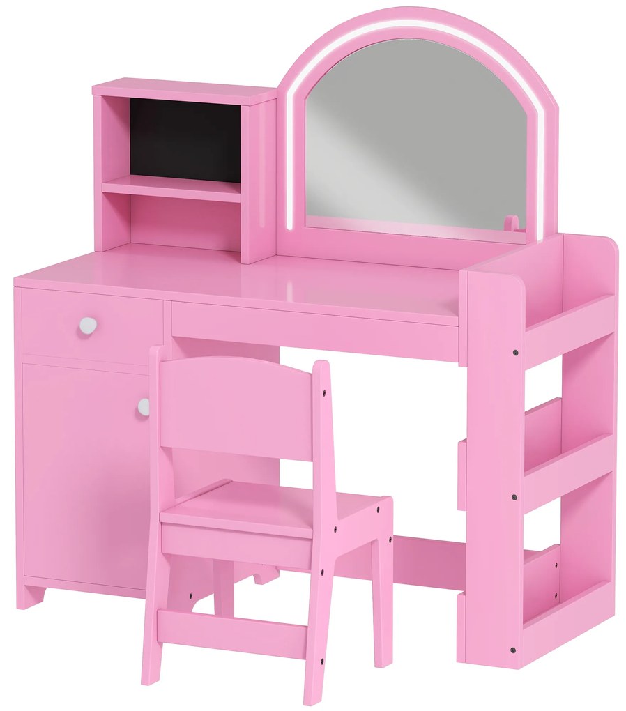 AIYAPLAY Masă de machiaj pentru copii cu taburet și oglindă LED, masă de machiaj pentru 3-8 ani, 88,6 x 38,8 x 96,9 cm, roz | Aosom Romania
