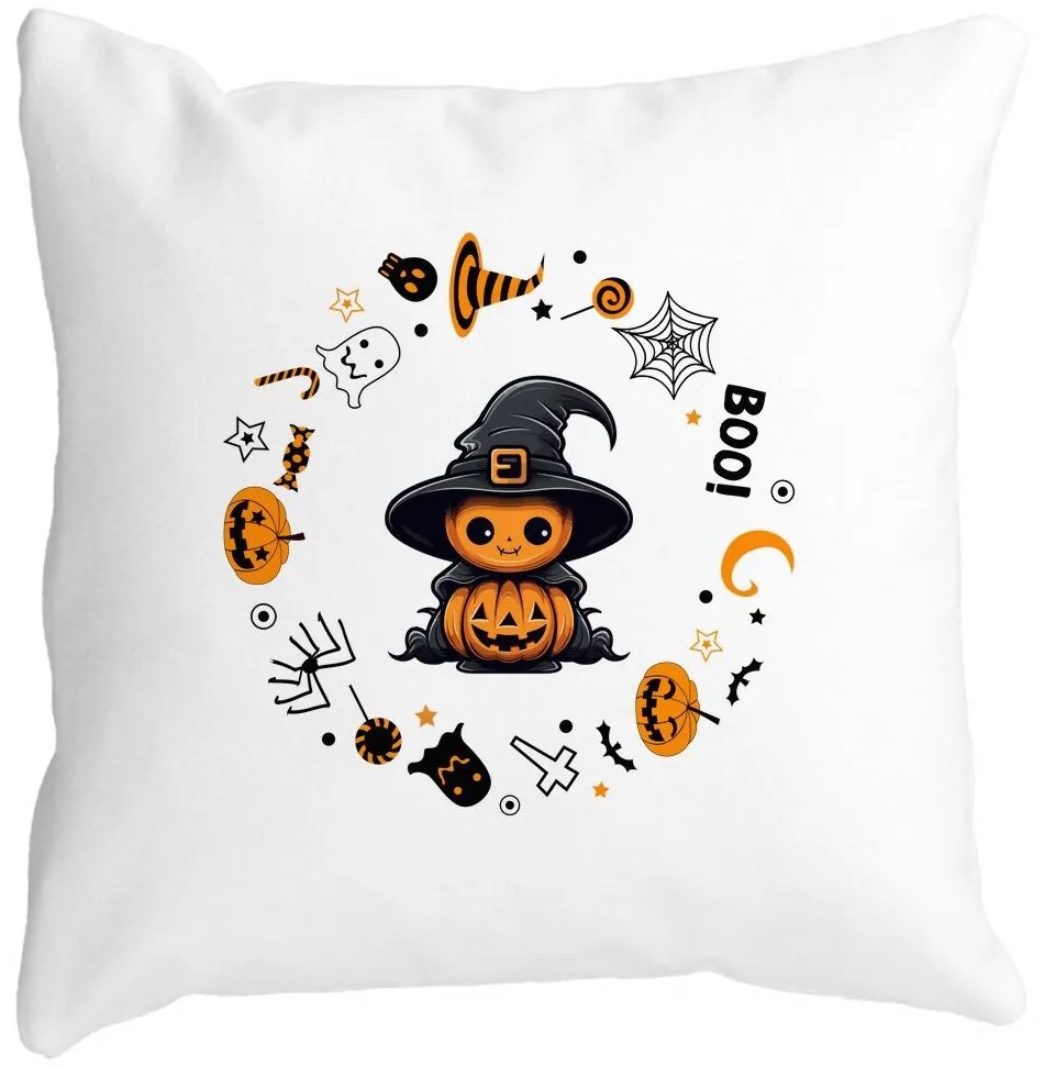 Perna Decorativa cu motiv de Halloween 7, 40x40 cm, Alba, Mata, Husa Detasabila, Burduf