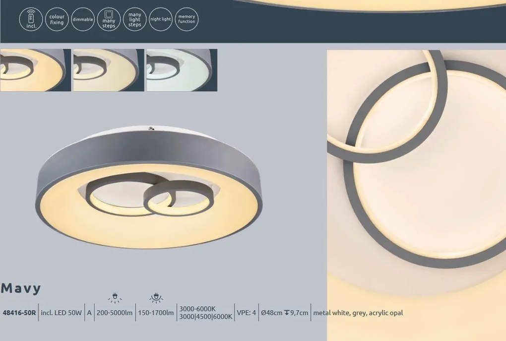 Plafoniera LED dimabila cu telecomanda design modern MAVY alb/gri 48416-50R GL