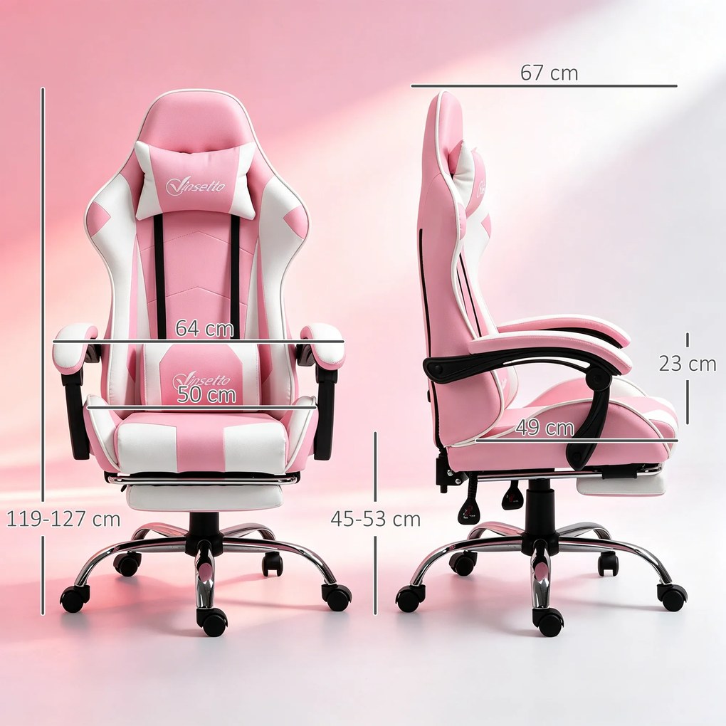 Vinsetto Scaun Gaming Ergonomic Reclinabil cu Tetieră, Pernă Lombară, Înălțime Reglabilă, Roz și Alb | Aosom Romania
