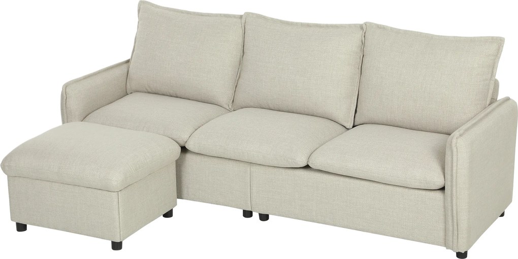 HOMCOM Canapea 3 locuri cu pouf de depozitare, canapea colțar modulară 212 cm, perne cu arcuri, țesătură din in, crem | Aosom Romania