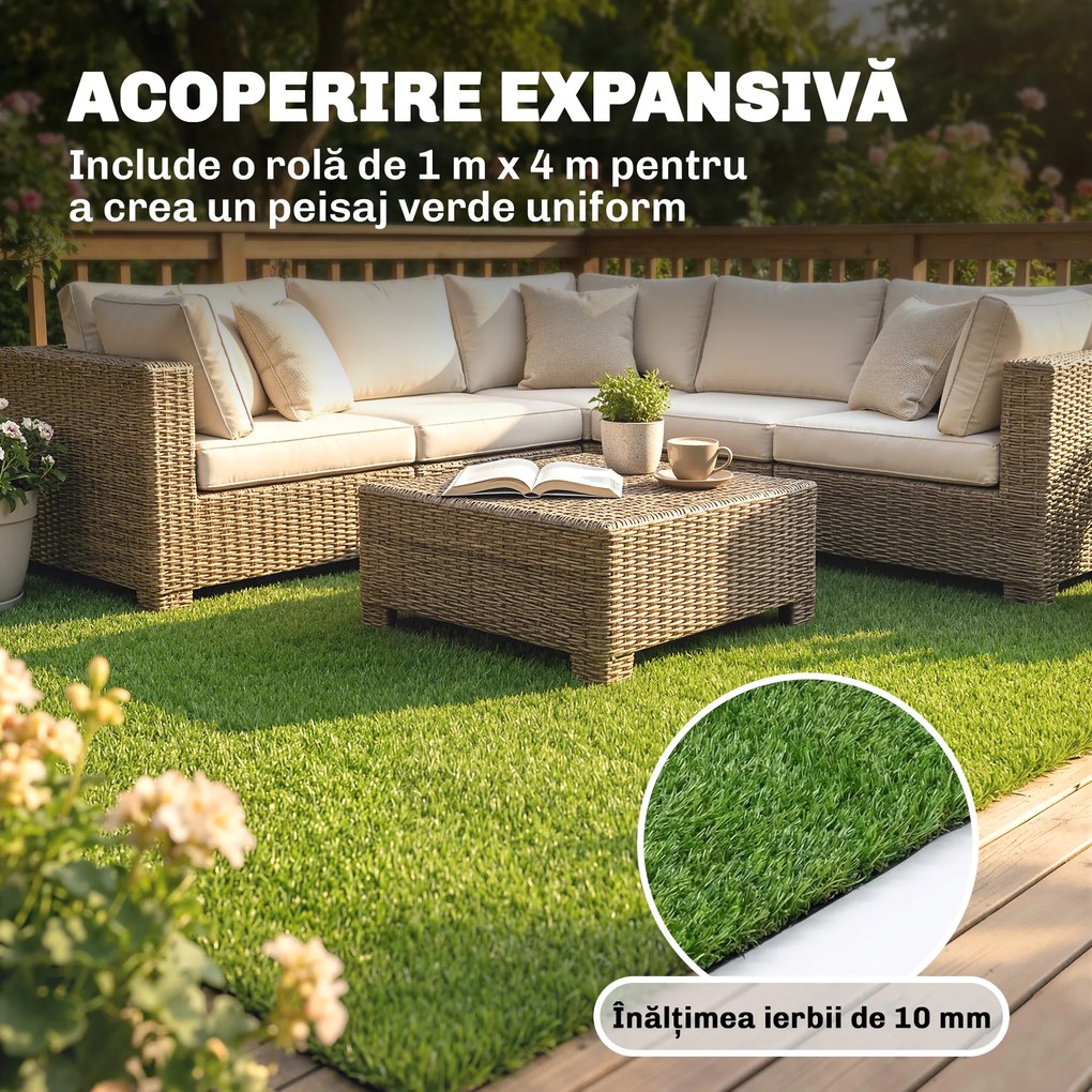 Outsunny Gazon Artificial pentru Exterior 1m x 4m, Covor Verde Sintetic cu Înălțime de 10mm, Drenant, Ideal pentru Grădini, Terase, Familii, Animale de Companie, Interior și Exterior | Aosom Romania