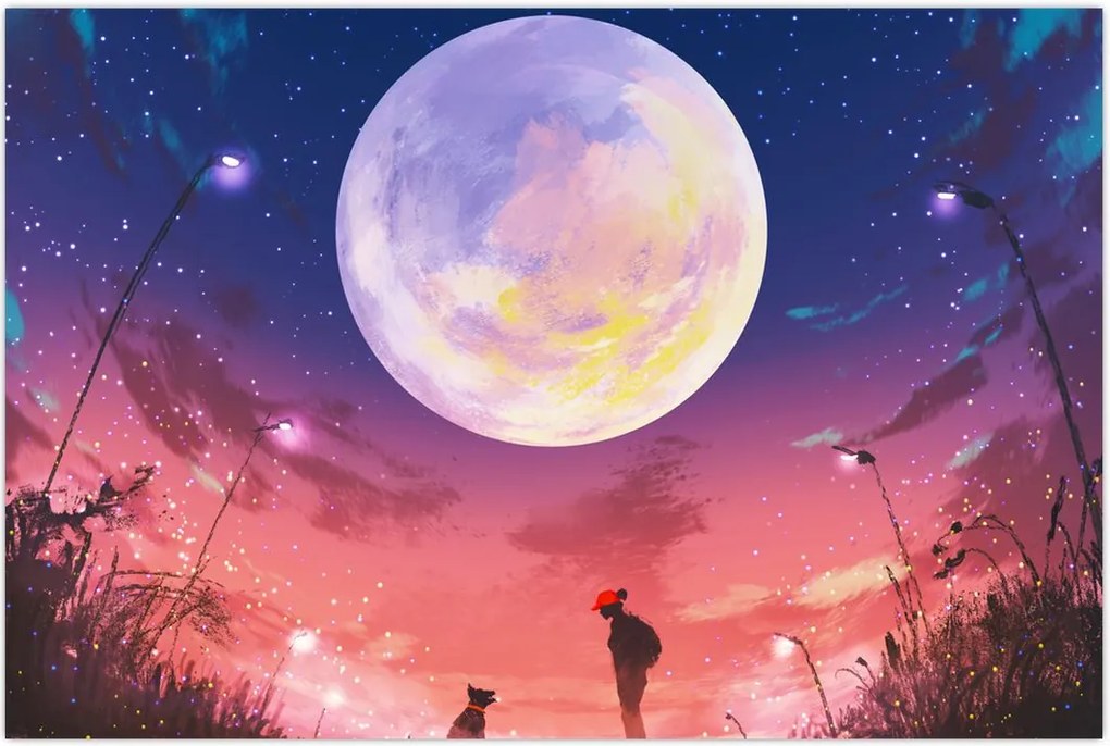 Tablou - Femeie și câine pe lună plină (90x60 cm)