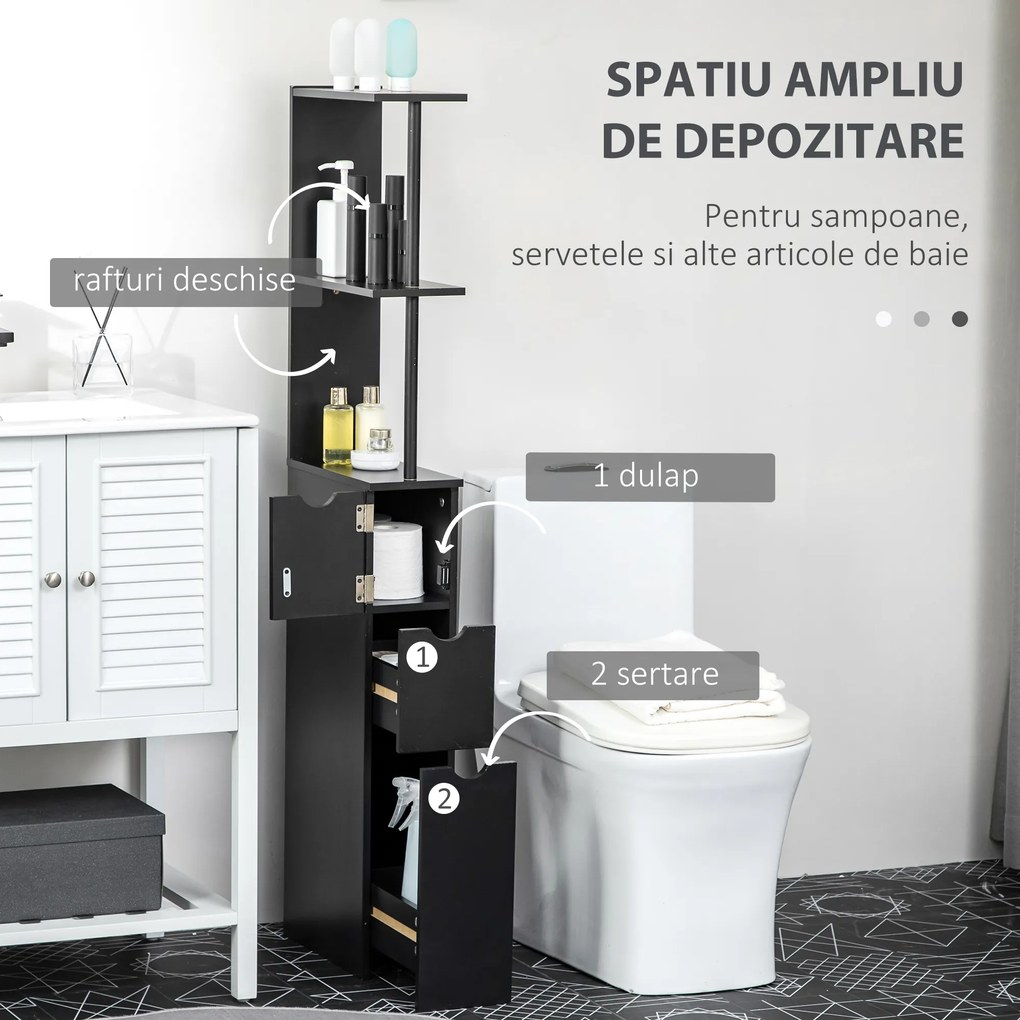 Dulap cu coloana HOMCOM din lemn ce economie de spatiu, dulap de baie cu rafturi, dulap si sertare, negru, 15x33x136.8cm | Aosom Romania
