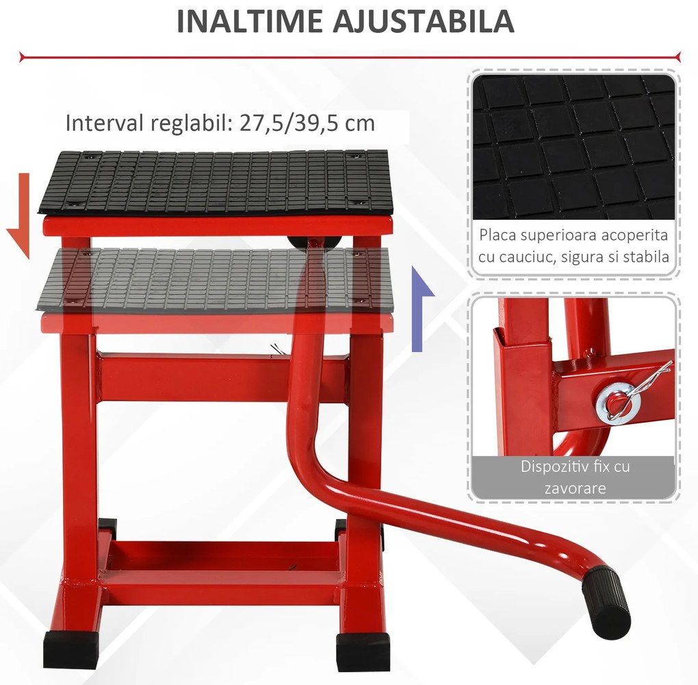 HOMCOM Suport pentru Motociclete din Oțel, Capacitate max 150 kg, cu Suprafață de Cauciuc și Manivelă, 27.5x51-69x34 cm, Roșu | Aosom Romania