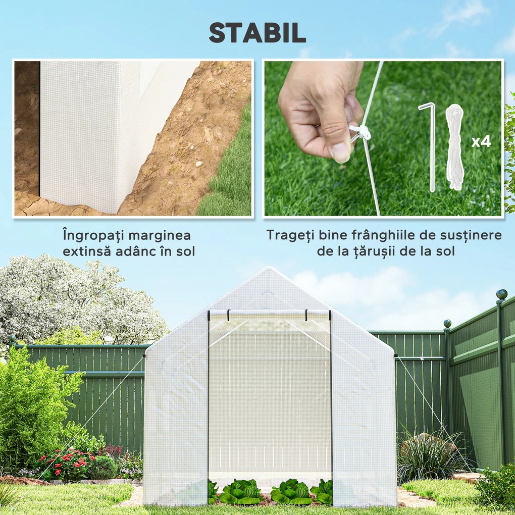Outsunny Seră de Grădină Tip Tunel 2x3x2 m cu Uși și Ferestre Rulabile, Seră pentru Plante cu Acoperiș Înclinat, Structură din Oțel și Acoperire PE, Anti UV, Alb | Aosom Romania