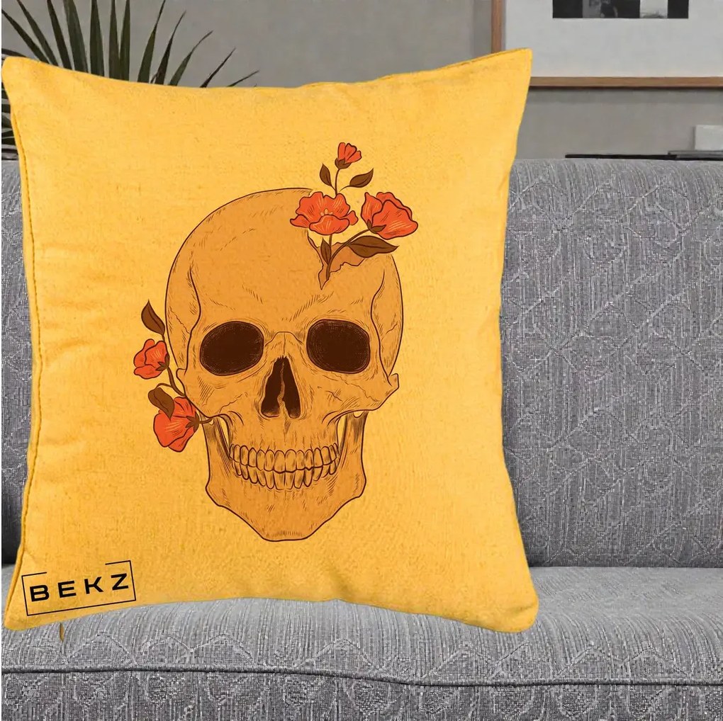 Perna Decorativa Craniu Floral Gothic, 40x40 cm, Galben, Husa Detasabila, Perna Inclusa, BEKZ®
