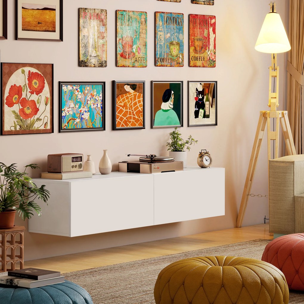 HOMCOM Dulap TV Suspendat pentru Televizoare de 45"-55"-65" cu 2 Dulapuri, Alb | Aosom Romania