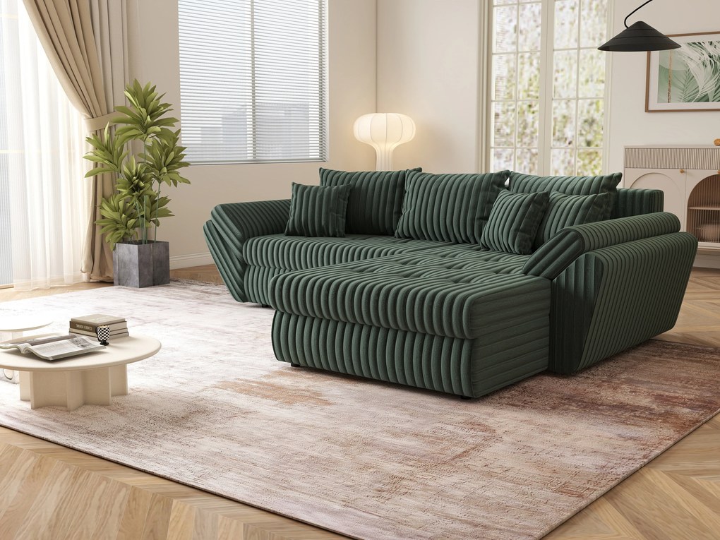 Colțar extensibil dumonde cu ladă de depozitare si sezut confortabil din spuma high-density, Loana Ambience Green II 270x185 cm
