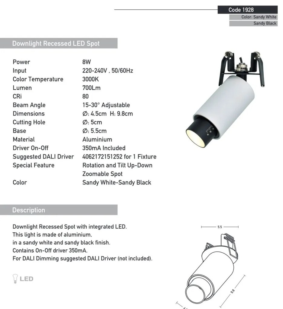Corp incastrabil LED Zoomable Spot alb/negru