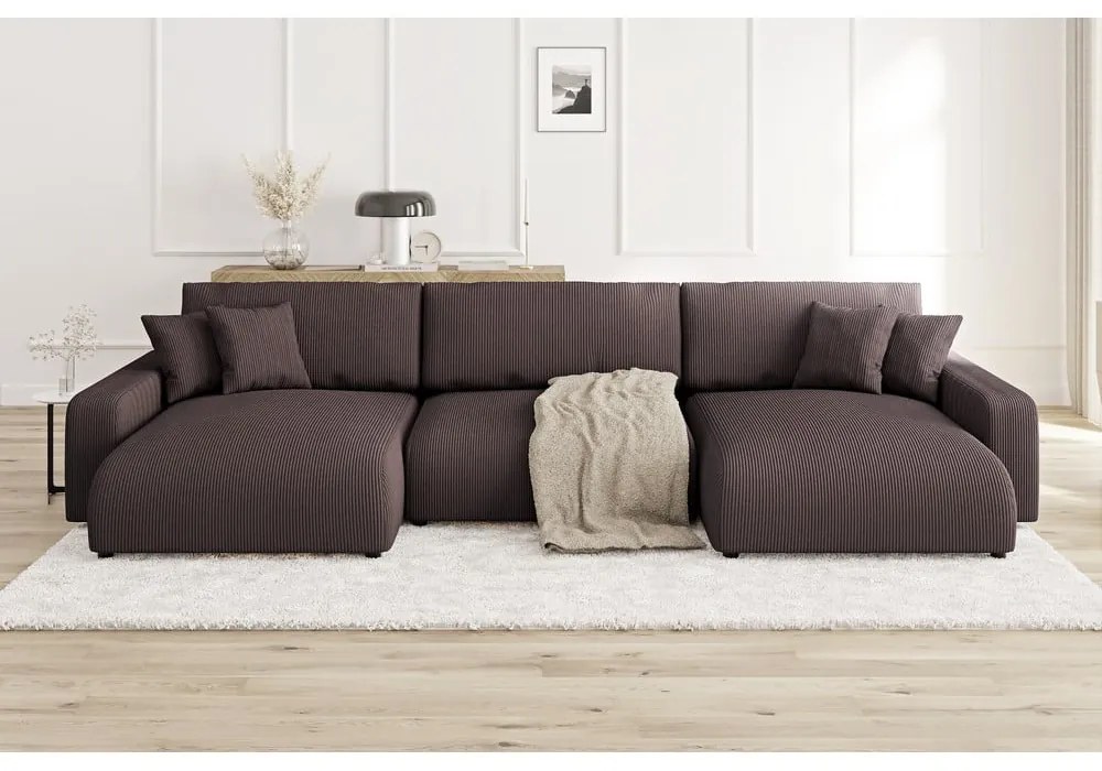 Colțar maro extensibil, cu spațiu de depozitare, cu tapițerie din catifea reiată Sara – Ropez