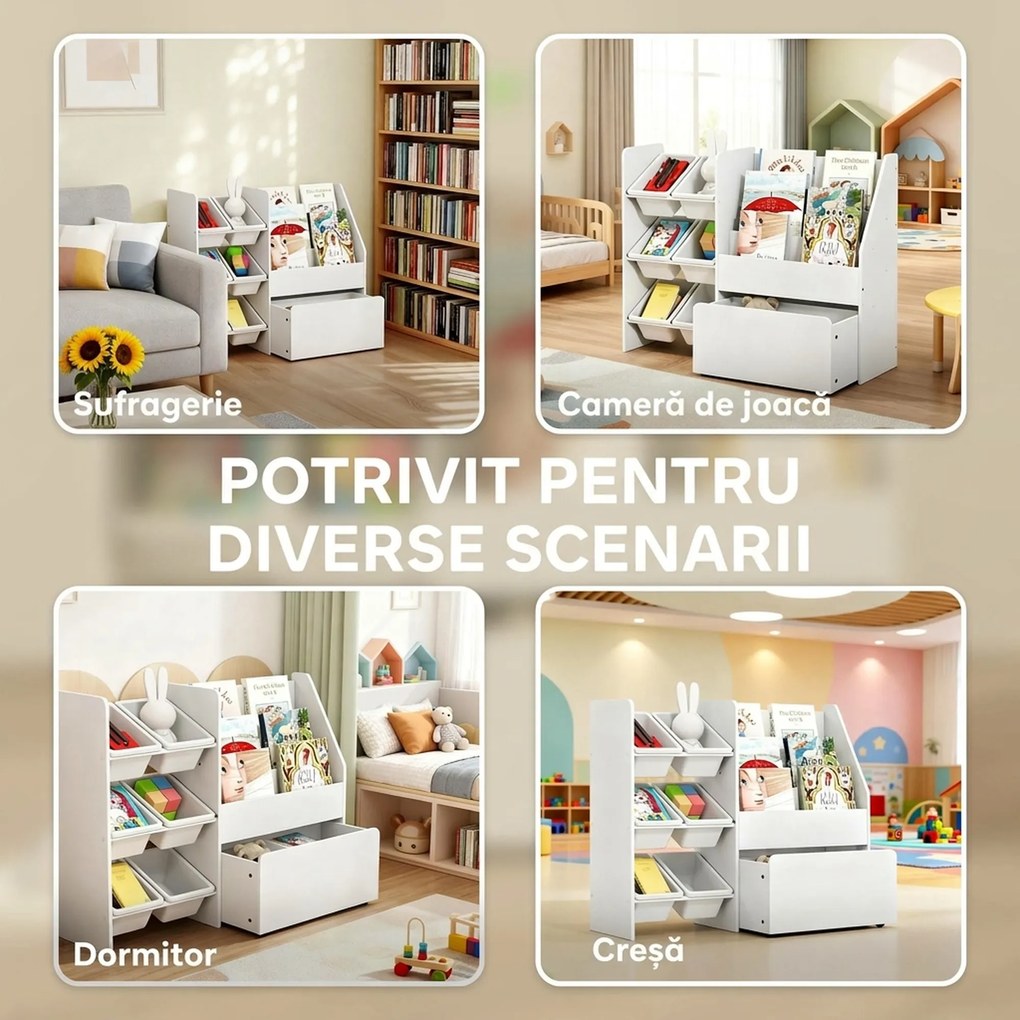 AIYAPLAY Raft pentru jucării cu 6 coșuri, 3 rafturi, din lemn, plastic și oțel, 100x30x80 cm, alb | Aosom Romania